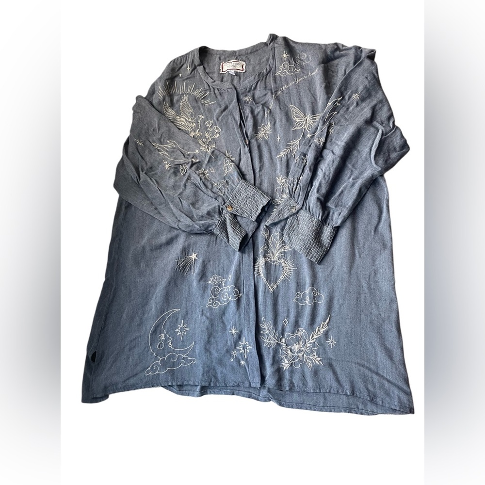 Johnny Was Blue Embroidered Button Down Shirt